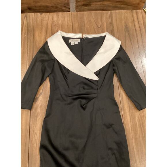 Kay Unger Portrait Black white V-Neck Shawl Collared Sheath ruche cocktail dress - Picture 9 of 12